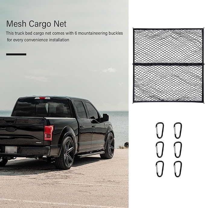 Foldable Cargo Net for Pickup Truck Bed,4' x 4' Ultra Strong Stretch to 8'x8' Truck Bed Organizer Includes 6 Pcs Carabiner Clips,Dual Use Cargo Net for Trucks SUV Car Trunks Organizer