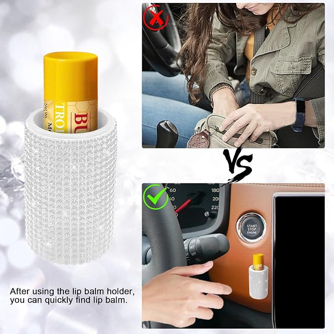 Upright Car Chapstick Holder, Bling Insulating Lip Balm Holder,Rhinestone Car Accessories for Women Interior ,Suitable for Most Vehicles. (White)