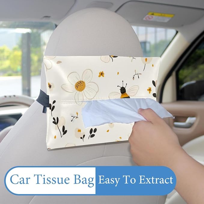 White Flower and bee (36) Car Tissue Holder, Tissue Box Cover Keep Car Tidy, Microfiber Leather Backseat Napkin Rectangle Organizer, Extra Large Tissue Box Storage in Car