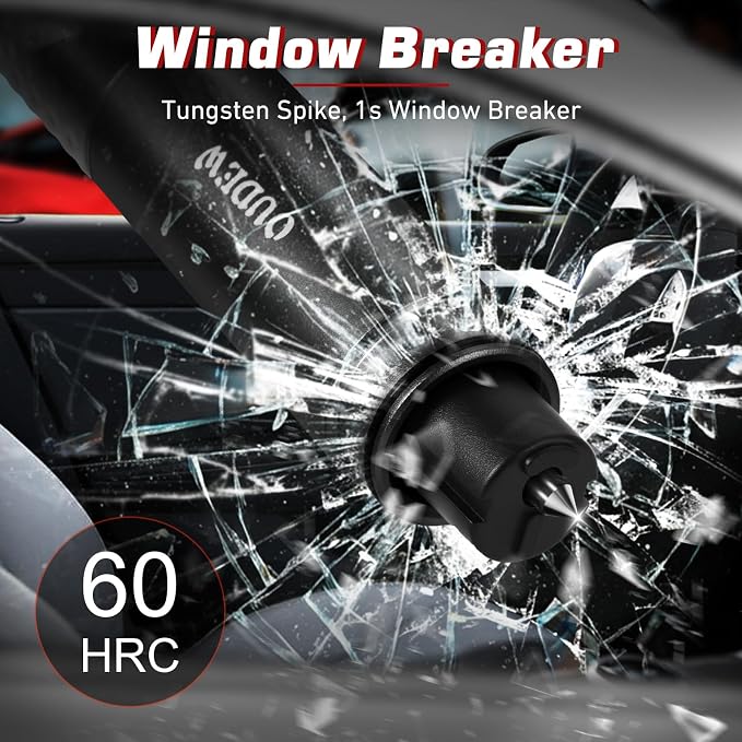 4-in-1 Car Window Breaker Seatbelt Cutter Emergency Escape Tool | Portable Spring Loaded Glass Breaker, Survival Whistle, LED Flashlight, Aluminum Alloy Safety Hammer for Emergencies, Black