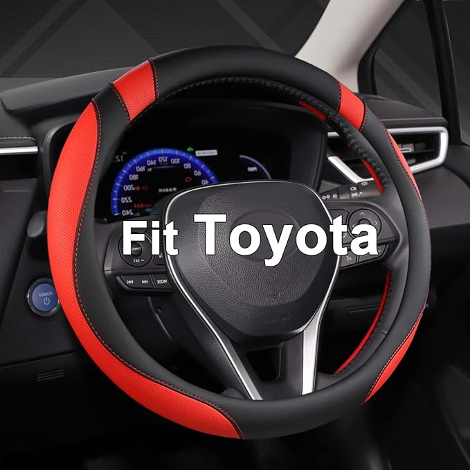 West Llama Customized Auto Car Steering Wheel Cover for Toyota Tacoma,4Runner,Tundra,Sequoia,15.5-16 inch (Black+Red-Large Size)