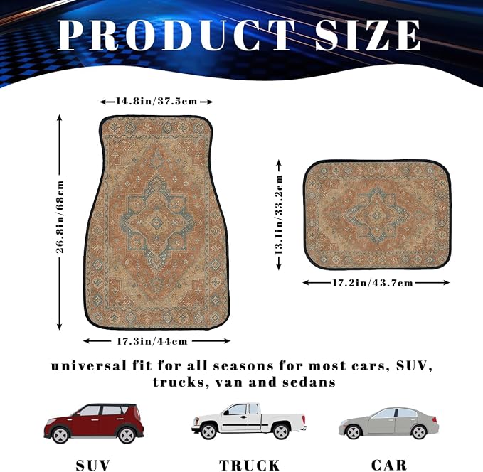 Carpet Car Floor Mats Vintage Rust Orange Geometric Carpet Front Rear Carpets Mat Decorative Car Floor Carpets Non-Slip Auto Car Accessories Universal Fit Car Accessories for Truck