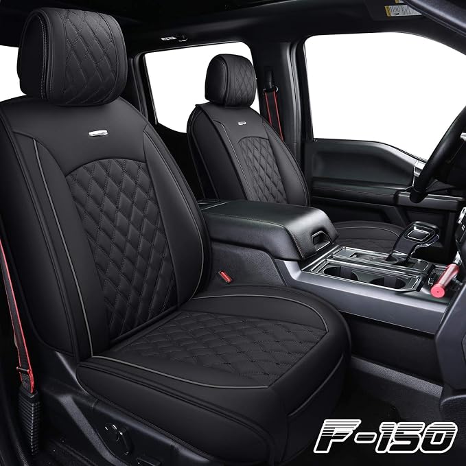 Aierxuan Front Car Seat Covers Custom Fit 2009-2026 Ford F150, 2017-2026 F250 F350 F450 Super Duty Crew Cab Regular Cab Super Cab, Automotive Vehicle Cushion with Waterproof Leather (Black)