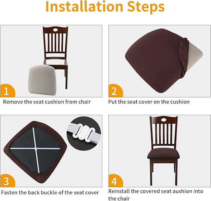 Fuloon Waterproof Seat Cushion Covers 4 PCS, Stretch Jacquard Chair Seat Covers Washable Dining Room Seat Slipcovers Removable Kitchen Chair Protector (4, Waterproof-Chocolate)