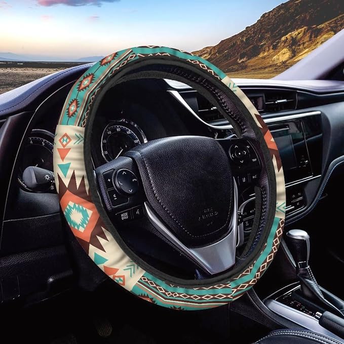 Wanyint Southwest Aztec Beige Cyan Auto Steering Wheel Cover for Women Men, Universal 15 Inch Soft Elastic Steering Wheel Wrap Anti-Slip Easy to Install Car Accessories