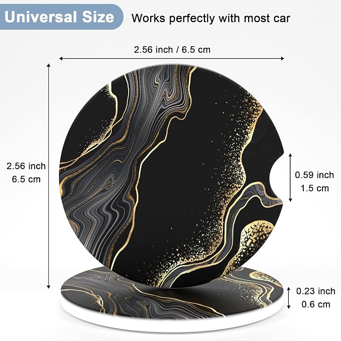 Nipichsha Car Coasters for Cup Holders, 2 Pack Absorbent Ceramic Car Cup Holder Coaster for Drinks, Cute Auto Assecories for Women Men, Size 2.56 in with Finger Notch & Cork Base, Luxury Black Marble