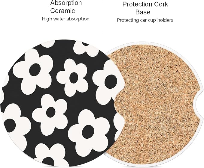 Ceramic Car Coasters – Absorbent Car Cup Holder Coaster Set for Women, Cute Aesthetic Car Accessories for Girls, 2 Pack (Carbon Black)