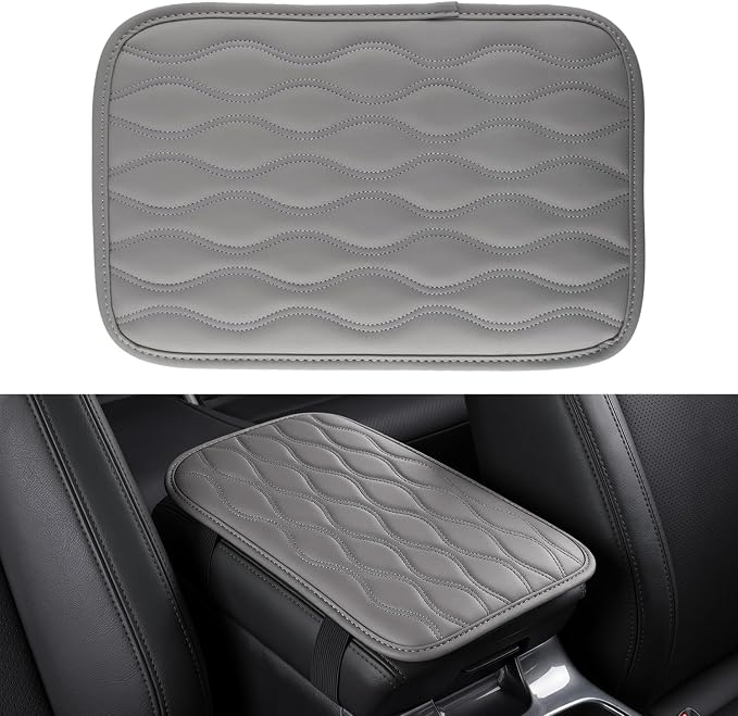 Amiss Car Center Console Cover, Upgraded Leather Car Armrest Cushion, Universal Waterproof Cushion Pad, Non-Slip Car Interior Accessories, Fits Most Sedans SUVs Trucks (Gray)