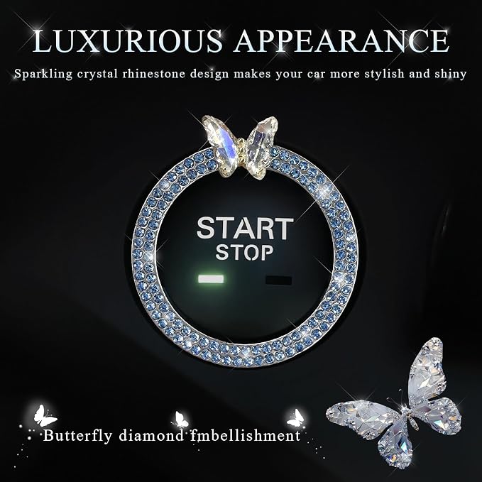 DXNQ Bling Ring Emblem, Sparkling Butterfly Car Buttons and Knobs Ring, Girly Butterfly Diamond Car Engine Start Button Cover, Key Ignition Knob Rings Decoration for Women (Blue, Double Row)