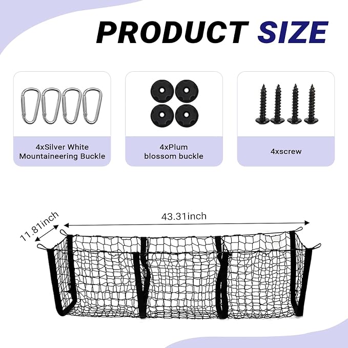 Car Cargo Net, Expandable 3 Pocket Trunk Organizer Mesh, High-elastic Storage Net with 4 Carabiners, Universal Storage Accessoryfor Car, SUV, Pickup Truck (Black)