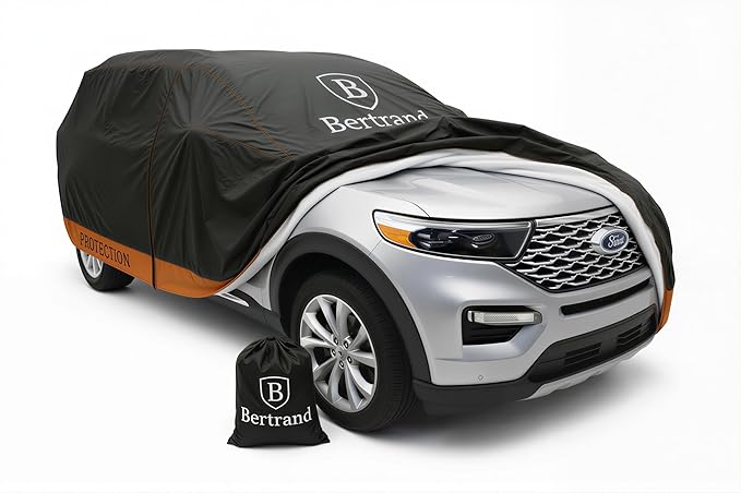 BERTRAND Heavy Duty SUV Car Cover Waterproof All Weather - Snow, Rain & UV Outdoor Protection | Cotton-Lined, Up to 8-Point Anchoring + Zipper Access | Mid-Large SUVs, Black-Orange (187x75, S2)