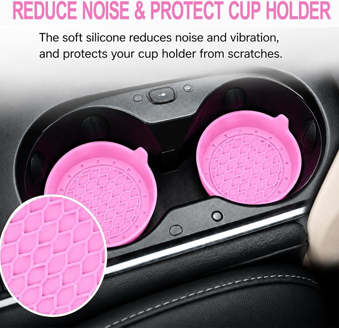4 Pack Car Cup Holder Coaster, 3.15 Inch Non-Slip Silicone, Pink | Cup holder insert, spill proof ,raised lip, honeycomb base, rinse clean, fits most sedans suvs trucks, automotive accessories
