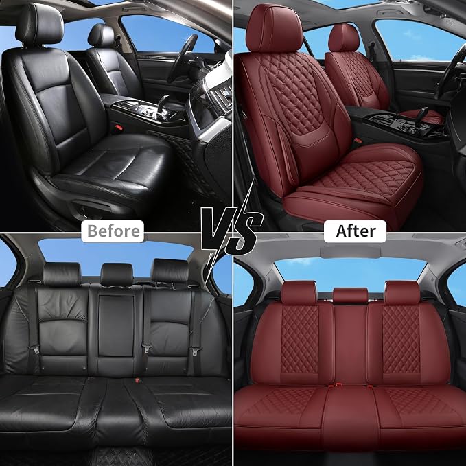 Car Seat Covers Full Set,5 Seat Leather Seat Covers for Cars,Wine Red Front Seats and Back Seat Cover,Waterproof Car Seat Cushion Protectors,Universal Fit for Most Cars SUV Trucks (Burgundy-Full Set)