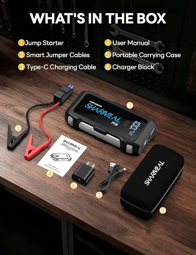 Sharmeal Jump Starter 7000A, 12V Car Battery Jump Starter with USB Quick Charge (Up to All Gas or 12.0L Diesel Engine), Battery Booster with 3 Modes Flashlight and Jumper Cable