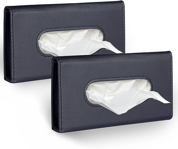 Car Tissue Holder, 2 Pack Sun Visor Napkin Holder, Premium PU Leather, Car Mask Holder for Sun Visor Vehicle, with Tissue Refill, Black&Beige