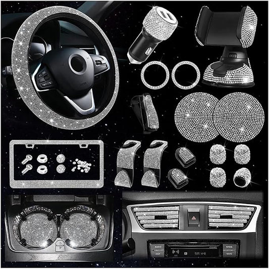 Osilly 27PCS Bling Car Accessories Set for Women, 15 Inch Reinestone Crystal Steering Wheel Covers License Plate Frame USB Charger Phone Holder Coasters, Vehicle Decorations, Universal Fit（White）