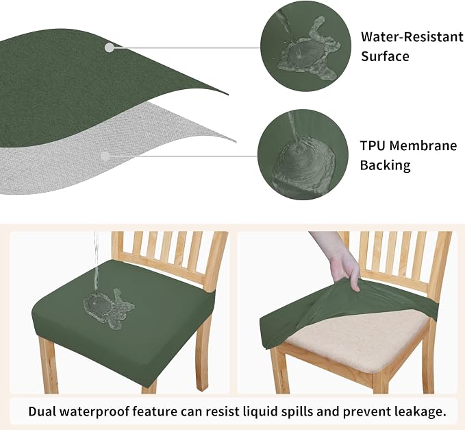 Easy-Going 100% Waterproof Seat Covers for Dining Room Chairs Set of 6, Stretch Chair Seat Slipcovers Protector Removable and Washable Kitchen Dining Chair Covers, Grayish Green