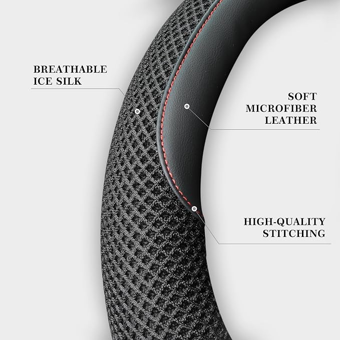 KAFEEK 15 Inch Steering Wheel Cover, Cooling Ice Silk，Premium Microfiber Leather Hybrid Design, Anti-Slip Rubber Inner, Breathable, Universal Fit for 14.5-15" Auto Steering Wheels, Black