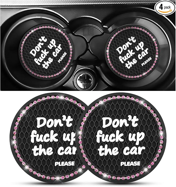 2 Pack Bling Car Coasters for Cup Holder, Crystal Rhinestone 2.75 in Cup Holder Coaster, Silicone Anti-Slip Insert Cup Mats for Women, Interior Accessories Universal for Most Cars (Black/Pink)