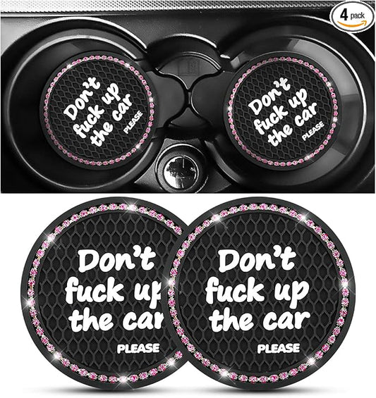 2 Pack Bling Car Coasters for Cup Holder, Crystal Rhinestone 2.75 in Cup Holder Coaster, Silicone Anti-Slip Insert Cup Mats for Women, Interior Accessories Universal for Most Cars (Black/Pink)