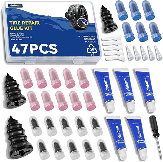 AUTOWN 47PCS Tire Repair Rubber Nail Kit - Complete Screw Plug Kit with Glue, Fast Fix for Flat Tires on Car, Truck, Motorcycle, SUV & More