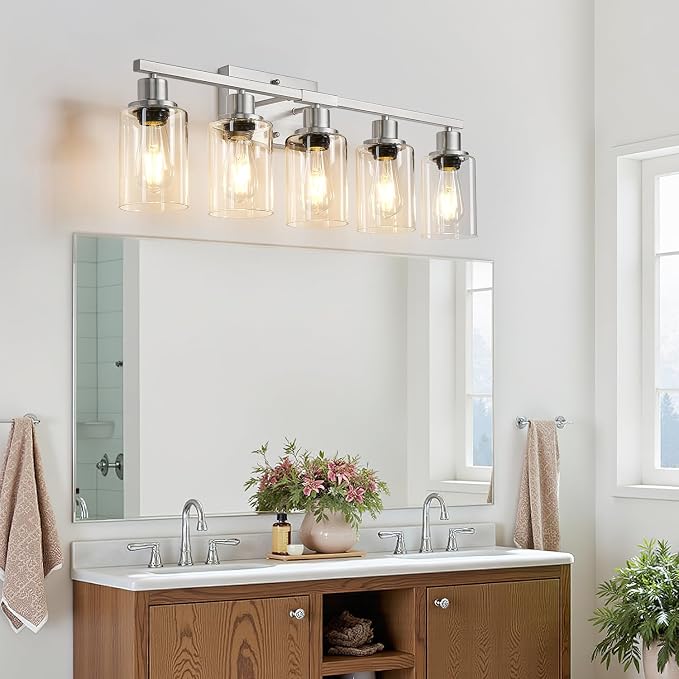 MOKATNG 5-Light Bathroom Light Fixtures, Vanity Light with Clear Glass Shades, Brushed Nickel Bathroom Light Fixtures Over Mirror, Modern Bathroom Wall Lamp for Mirror Living Room Cabinet Bedroom