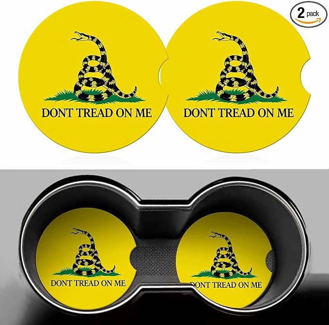 Gadsden Flag Car Coasters for Cup Holders Don't Tread on Me Car Cup Holder Coasters 2 Pack for Car, Anti Slip Ceramic Car Cup Mat with Finger Notch Cute Car Interior Accessories for Women Men