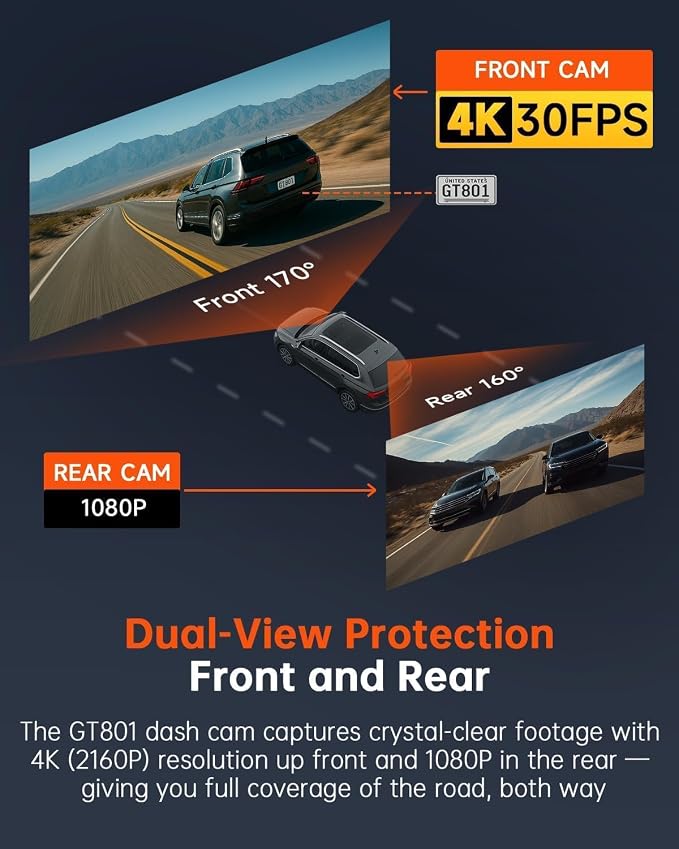4K+1080P Dash Cam Front and Rear, Built-in WiFi GPS, 32GB SD Card Included | 2.0" IPS Screen, App Controls, Night Vision, 170° Wide Angle, G-Sensor Lock, Loop Recording, 24H Parking Mode, Quick Install