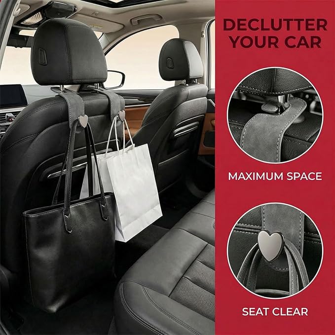 2PCS Cute Heart Car Seat Headrest Hook, Suede Leather Car Seat Back Storage Hanger for Purse and Bag, Universal Vehicle Interior Organizer Accessories for SUV, Truck(Gray)