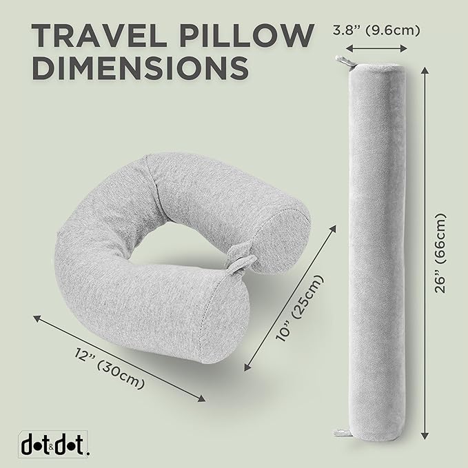 Dot&Dot Twist Memory Foam Travel Pillow, Bendable Neck Pillow for Airplane, Car and Home, 26-Inch Adjustable Roll with Washable Cotton Cover, Gray