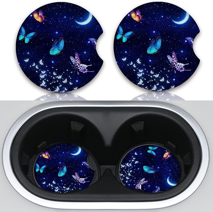 2pcs Blue Butterfly Cup Coaster for Car SUVs Trucks, Rubber Car Coasters with A Finger Groove, Car Cup Holder Coasters Interior Accessories
