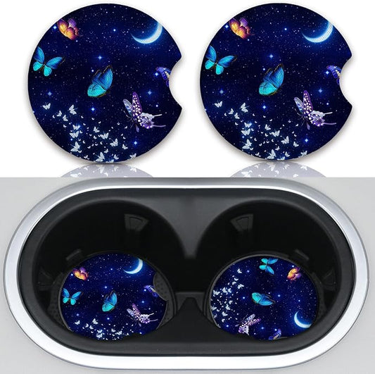 2pcs Blue Butterfly Cup Coaster for Car SUVs Trucks, Rubber Car Coasters with A Finger Groove, Car Cup Holder Coasters Interior Accessories