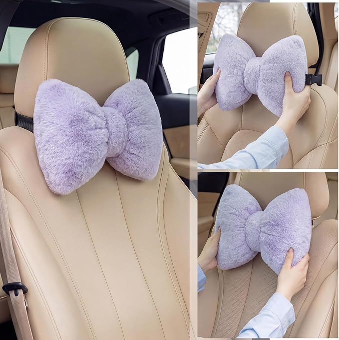 Macarrie 2 Pcs Purple Car Neck Pillow Imitation Rabbit Fur Bow Pillow | Soft Comfortable Seat Headrest Support, Cute Bow Car Accessories, Driving Travel Driver Chair Girl Interior Decor, Solid