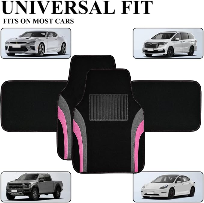 CAR PASS Leather Sporty Car Floor Mats Carpet, Universal Waterproof Automotive Floor Mat Fit for Sedans, Cars, Mid Trucks, Vans, SUV, Set of 4 (Black and Pink)