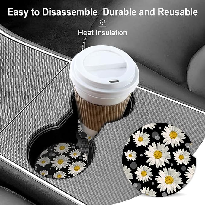 2 Pack Absorbent Car Coasters for Cup Holders,White Daisy Design Ceramic Coasters with Cork Back and Finger Slot,Cupholder Accessories to Keep Your Car Cup Holders Clean and Dry 2.56"