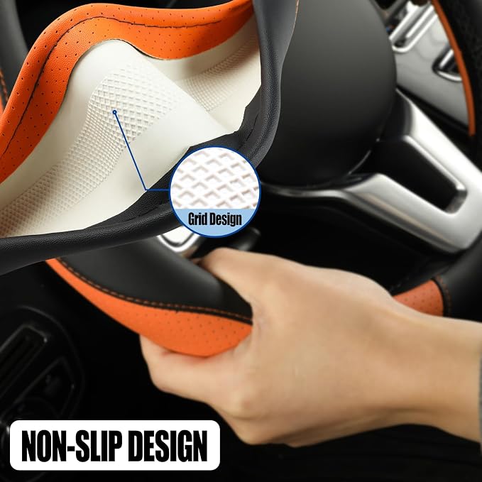 Black Orange Microfiber Leather Steering Wheel Cover 15 inch | Breathable Anti Slip Grip Cool Sporty Look Glow for Women Men