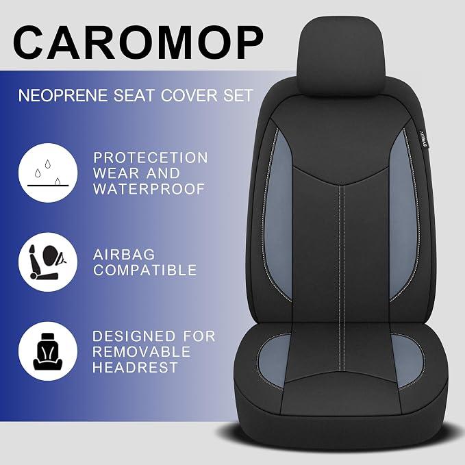 CAROMOP Waterproof Car Seat Cover Full Seats, Neoprene Seat Covers for Cars,Split Bench Compatible Car Interior Covers, Universal Fit Most Car Sedan Truck SUV(Black/Gray)
