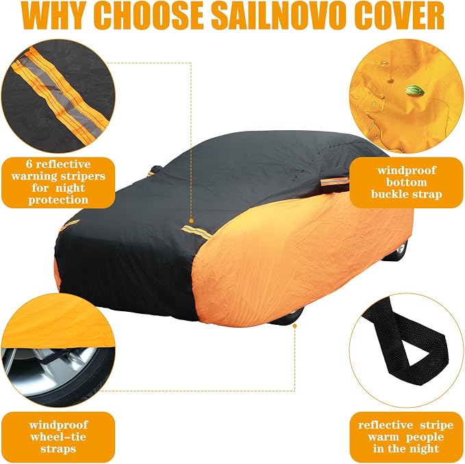 Riakrum Full Car Cover Waterproof All Weather for Automobiles Windproof Cover Rain UV Protection Sun Scratch Resistant Outdoor Universal(Fit Sedan Length (194-208'') 59'' H,Black, Orange)
