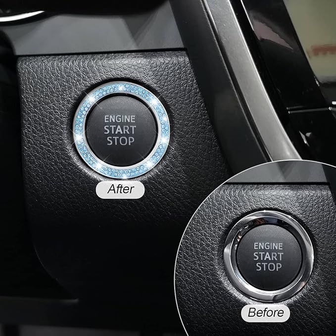 Car Bling Crystal Rhinestone Engine Start Ring Decals, 2 Pack Car Push Start Button Cover/Sticker, Key Ignition Knob Bling Ring, Sparkling Car Interior Accessories for Women (Blue)