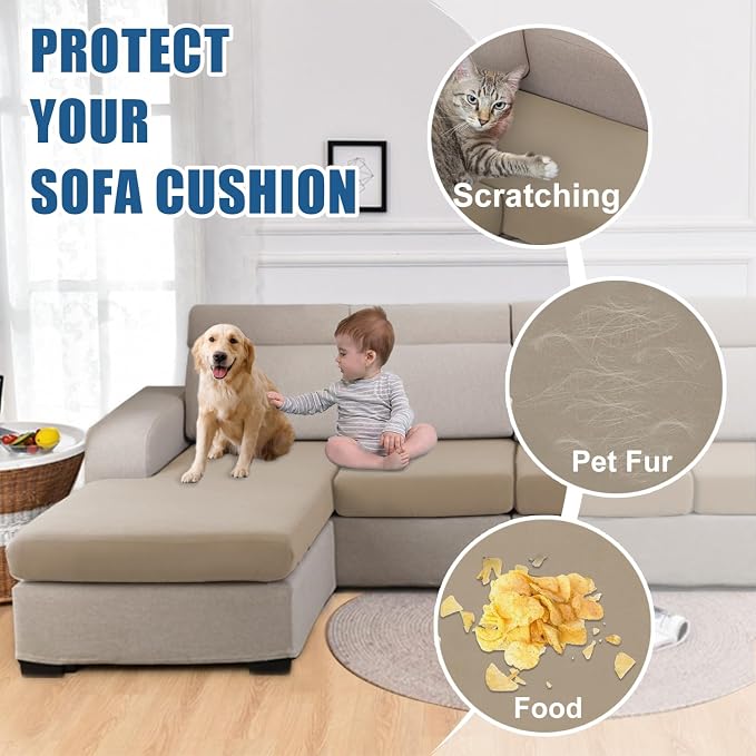 100% Waterproof Couch Cushion Covers, Replacement Sofa Cushion Covers, Stretch Individual Sofa Seat Cushion Slipcovers Furniture Protector for Kids Pets (2-Piece Loveseat Cushion Cover, Sand)