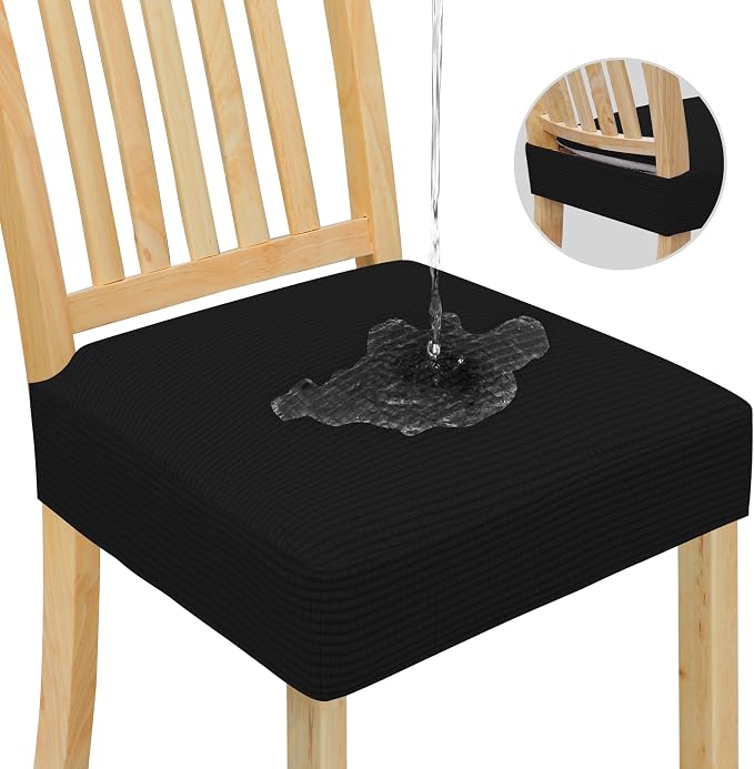 Easy-Going 100% Waterproof Seat Covers for Dining Room Chairs, Stretch Jacquard Chair Seat Slipcovers Removable and Washable Kitchen Dining Chair Covers (Set of 8, Black)