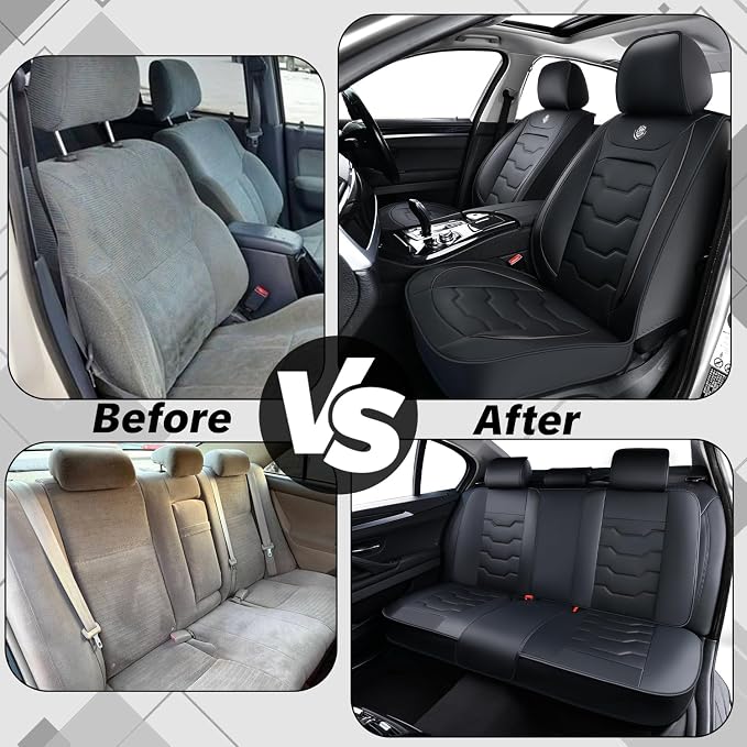 Black Car Seat Cover Full Set Kit, Universal Car Seat Cover for Car | Waterproof Leather, Protect & Upgrade Car Interior, Airbag Compatible, Easy to Install & Clean, For SUV, Pickup Truck, Sedan