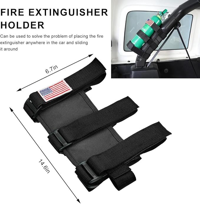 Fire Extinguisher Holder, Roll Bar Adjustable Extinguisher Strap Brackets with USA Flag Pattern, Secure Fire Extinguishers Mount Replacement for Wrangler CJ JK JKU TJ JL JLU (Black)