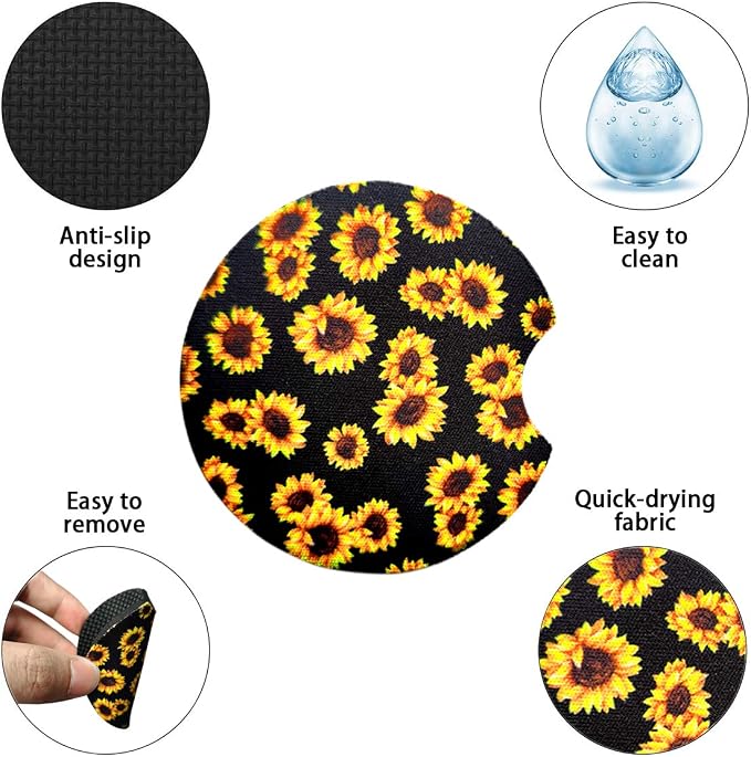 Osilly Car Coasters for Drinks, 2PCS Absorbent Sunflower Cup Holders for Women/Men, 2.75 Inch Removable Cup Holder Insert Coaster for Drinks, Car Interior Accessories for Most Cars