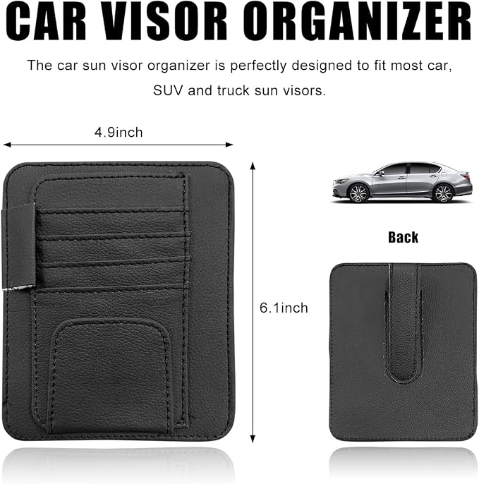 povtii Car Sun Visor Organizer, Waterproof Leather Car Sun Visor Storage Clip, Multifunctional Vehicle Sun Visor Folder with Sunglasses Clip, Universal Interior Car Accessories (Black)