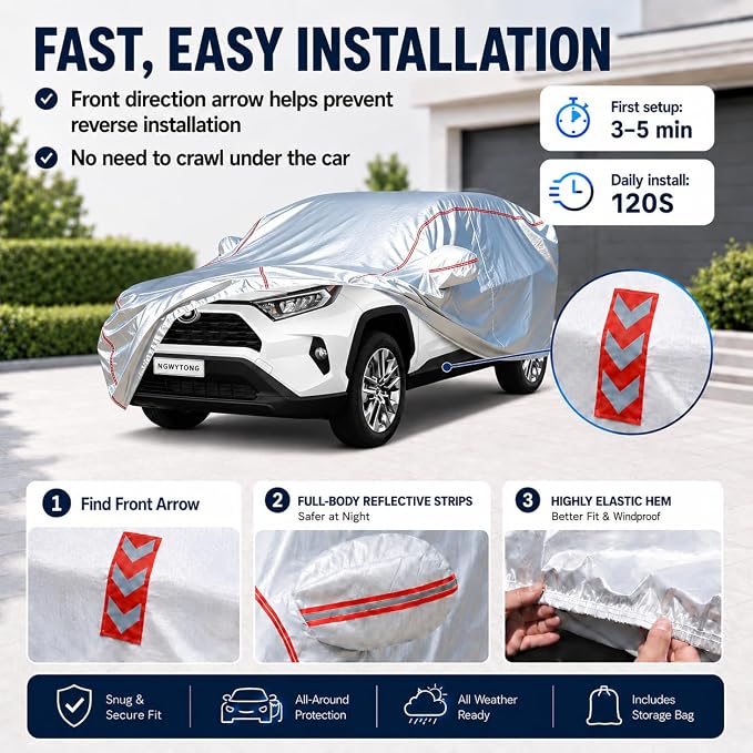 Waterproof All Weather Heavy Duty Vehicle Cover, 360° Underbody Wrap Windproof Design, Quick Install Outdoor Cover,（for Toyota Rav4 2006-2025）