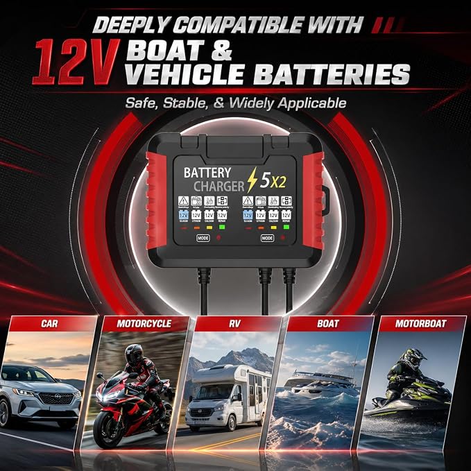 12V 2-Bank Onboard Battery Charger, 10A 5A Per Channel IP68 Waterproof Charger, 6-Stage Trickle Charger with Battery Maintainer & Desulfator for AGM Lithium Calcium Battery for Car RV Boat