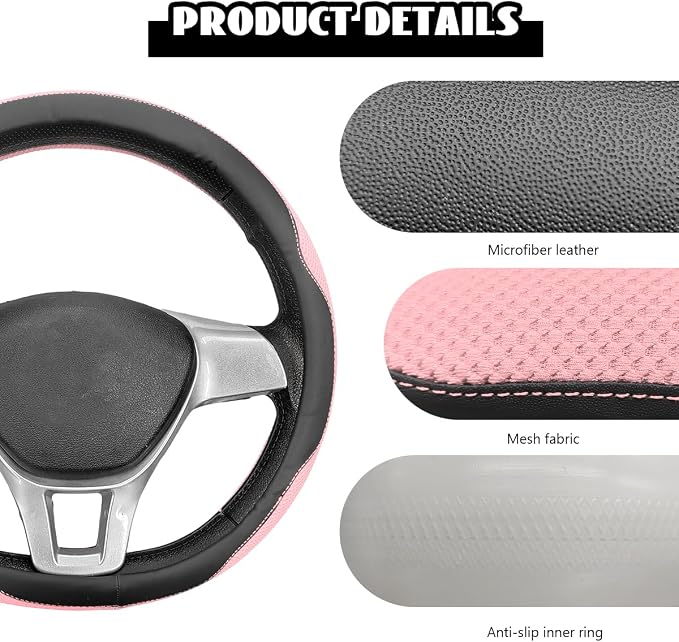 Microfiber Leather Steering Wheel Cover, Breathable Steering Wheel Protector with Anti-Slip Inner Ring, Universal 14.5"-15" Car Wheel Cover Auto Interior Decor for Men Women (Pink)