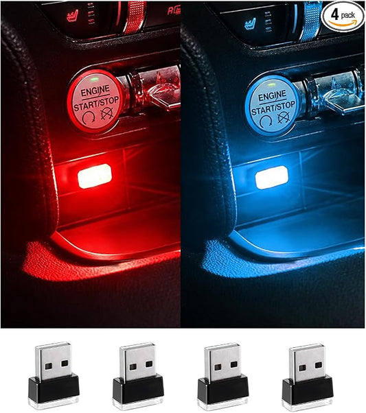 Augeny 4 PCS USB LED Car Interior Atmosphere Lamp, Plug-in USB Decor Night Light, Portable Auto Ambient Lighting Kit, Universal Vehicle Interior Accessories for Most Cars (2 Red+2 Ice Blue)