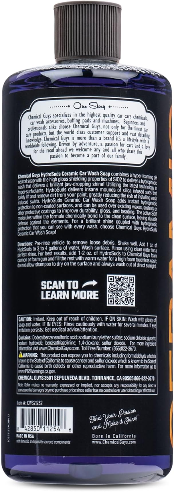 Chemical Guys, HydroSuds Ceramic High Foaming Car Wash Soap, Berry, 32 oz | Ceramic polymers add gloss and water beading, thick foam for cannons, guns or buckets